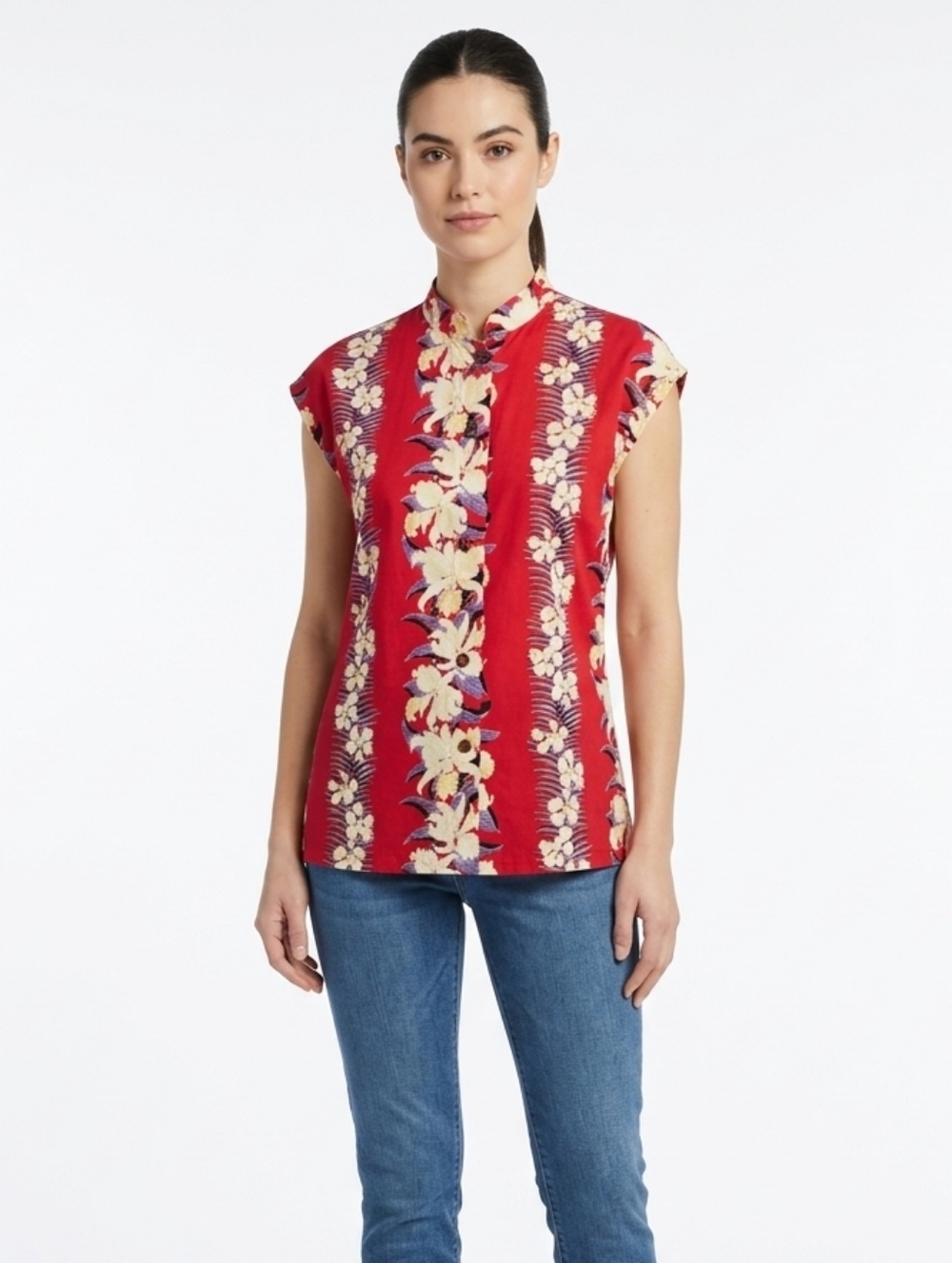 Avanti 100% Silk Mandarin Collar Sleeveless Aloha Shirt Lei Orchid Print Red M
